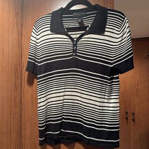 August Silk Top Black & Beige Striped 100% Silk Knit Short Sleeve Collar Size L